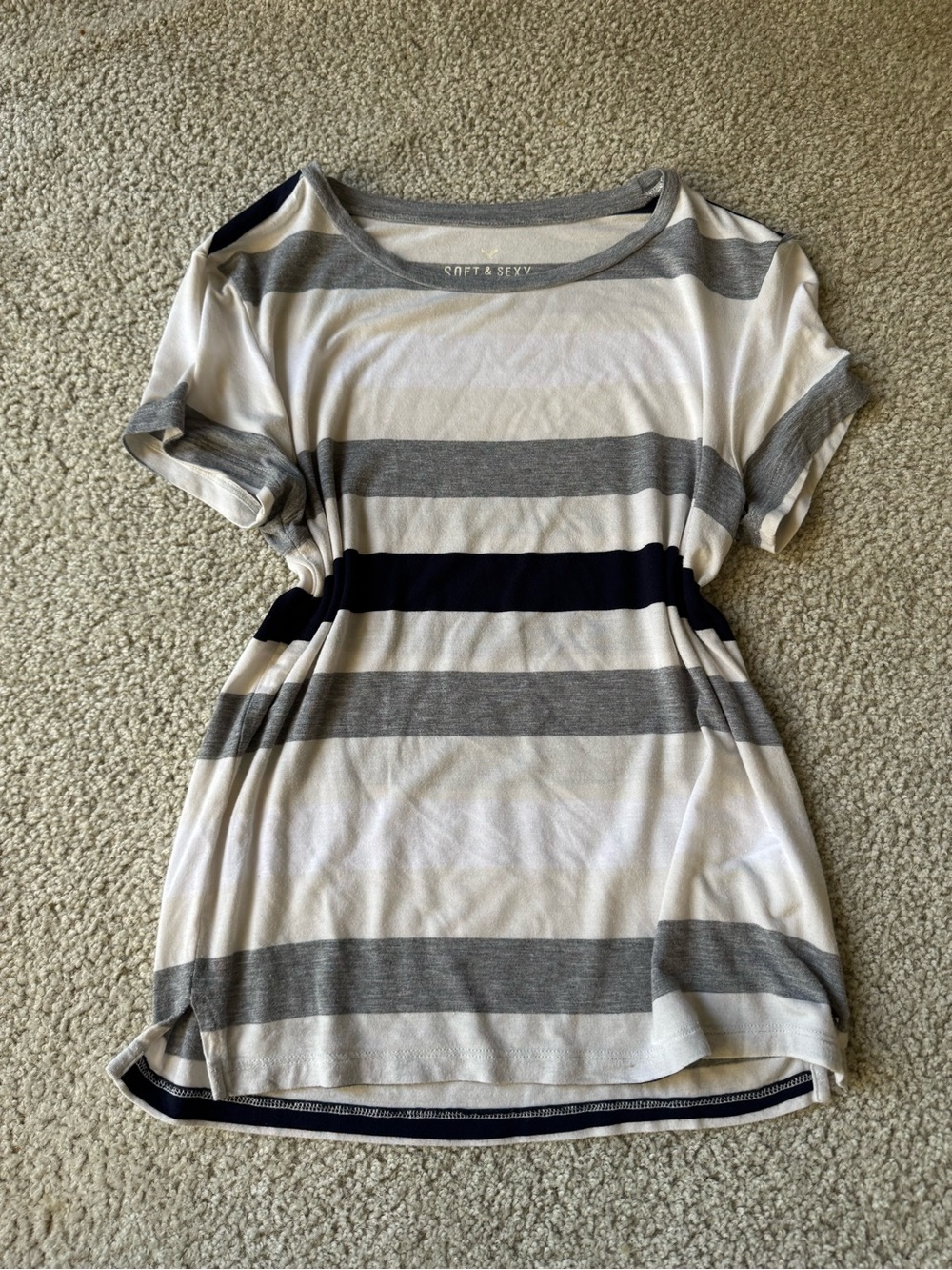 American Eagle Outfitters White, Gray & Navy Striped Women’s Top